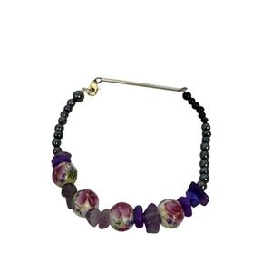 Unique Beaded Bracelet Amethyst Floral Porcelain Hematite Handmade Statement